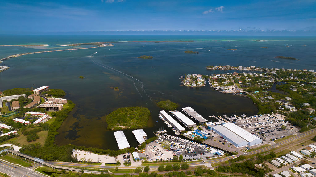 Aerial view of Island Harbor Marina in Palm Harbor, FL, the launch point for sandbar trips to Three Rooker, Anclote Key, and Honeymoon Island